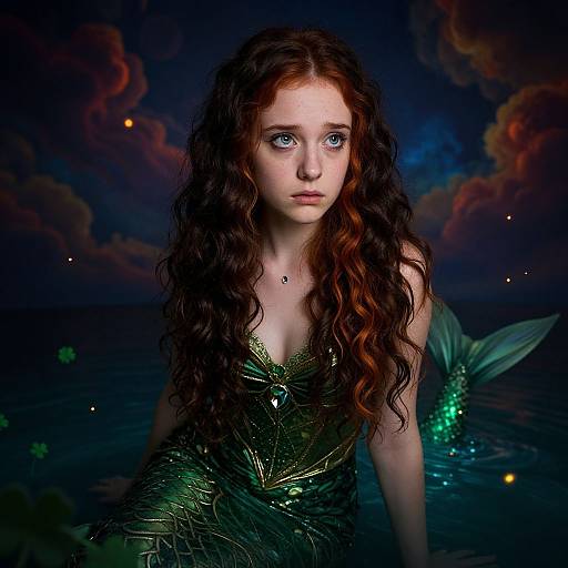 Photograph-style digital artwork of a pale-skinned, blue-eyed red-haired mermaid with long curly hair, green scales, and glowing tail, set