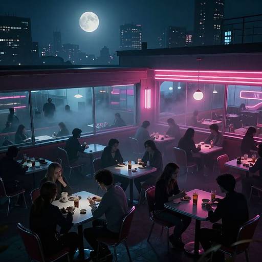 Photograph of a neon-lit rooftop bar at night, with a full moon, misty atmosphere, and silhouetted people playing cards and