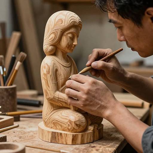 Photograph of an Asian woodcarver meticulously sanding a detailed, wooden bust of a seated woman with wavy hair in a workshop.
