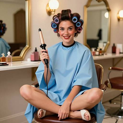 Photograph of a smiling woman with curly hair in blue salon cape, sitting cross-legged, holding a hairdryer in a vintage-style beauty salon.