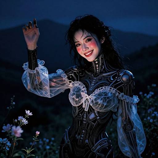 Photograph of a smiling woman with dark hair, wearing a black, intricate, transparent-ribboned bodysuit, standing in a night field with
