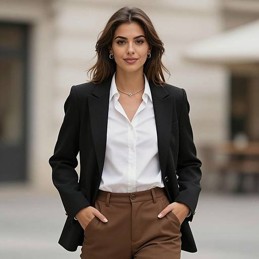 Photograph of a confident woman with long brown hair, wearing a black blazer, white shirt, brown pants, and gold necklace, standing outdoors with