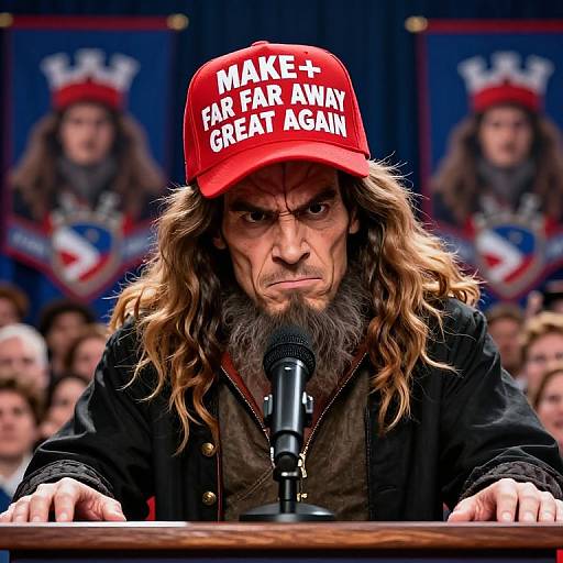 Photograph of a stern-faced, long-haired man in a red 