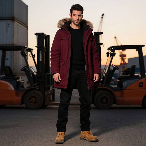 Photograph of a bearded man with short dark hair, wearing a maroon coat with fur hood, black shirt, jeans, and tan boots,
