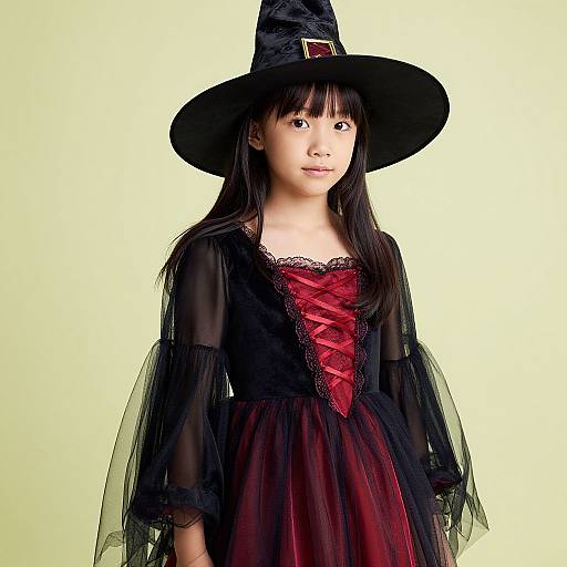 Photograph of an Asian girl in a black witch hat and dress with red corset, black lace, and sheer sleeves, standing against a plain white