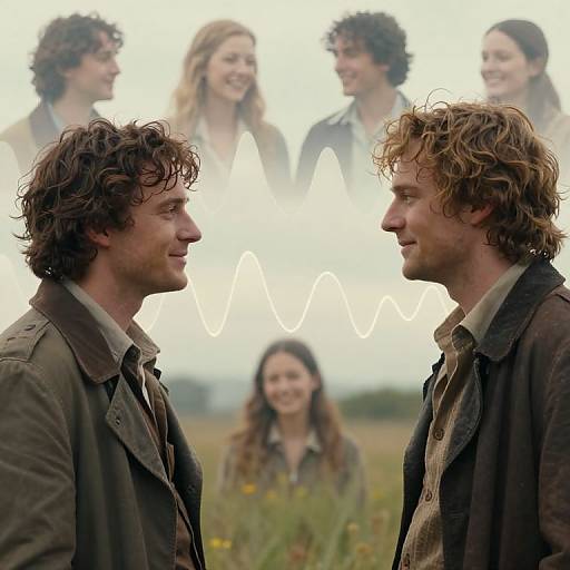 Photograph of two curly-haired men in brown jackets facing each other, with a blurred background of four smiling women.