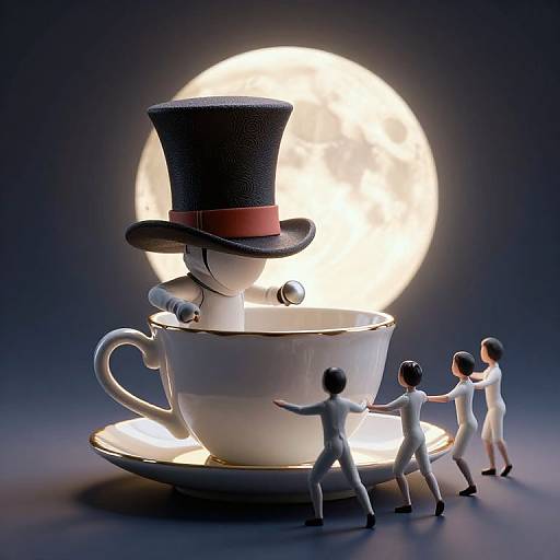 Photograph: Miniature top-hat-wearing figures dance around giant white teacup with black top hat, against a glowing full moon backdrop.