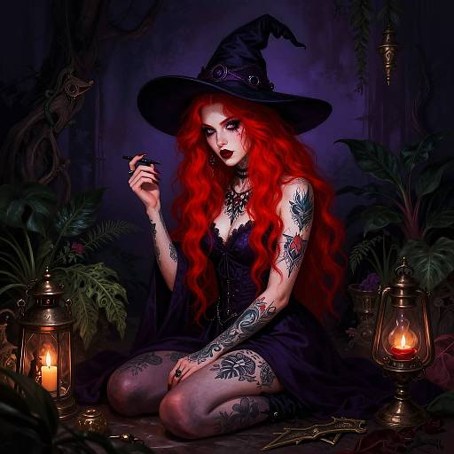 Digital painting of a tattooed, red-haired witch with a black dress and hat, kneeling amid lanterns and plants, under dim, purple lighting.