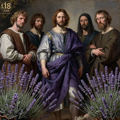 Digital artwork of Jesus with three bearded disciples, wearing traditional robes, surrounded by lavender flowers, with 