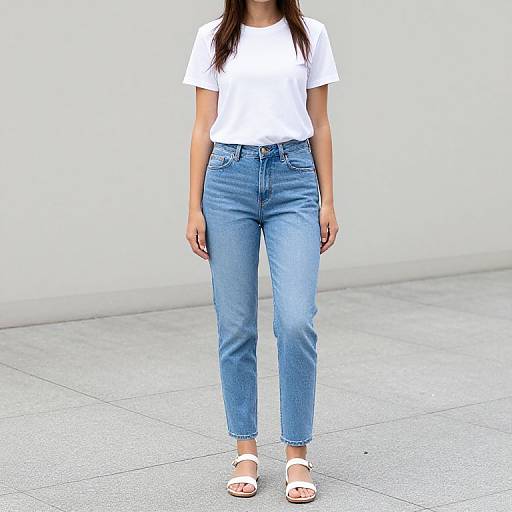 Photograph of a woman in a white t-shirt, blue high-waisted jeans, and white sandals, standing on a gray concrete floor against a