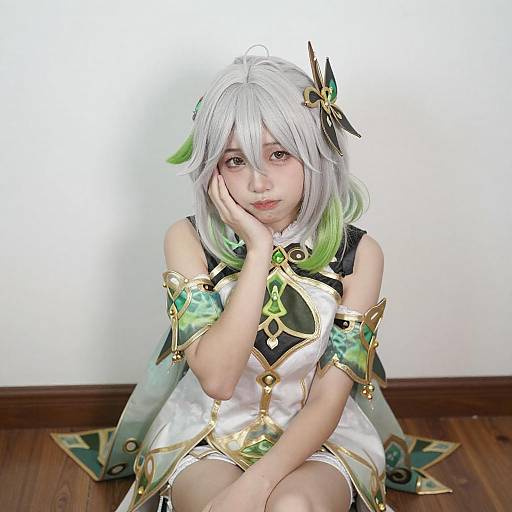 Gentle Fantasy Woman with White Green Hair