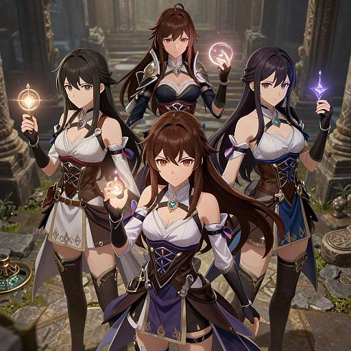 Digital artwork of three anime-style women with long black hair, large breasts, and magical abilities, holding glowing orbs, standing in a mystical, ancient temple