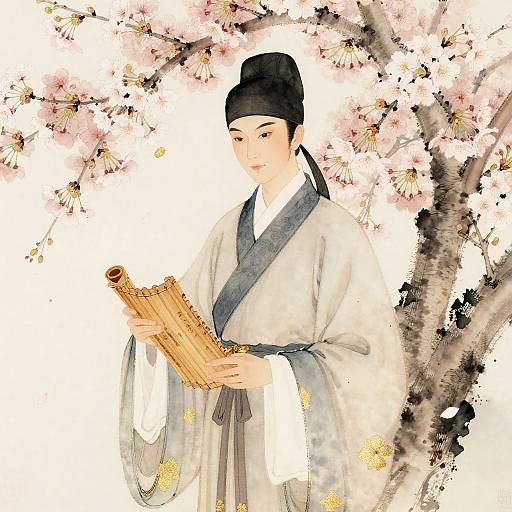 Digital painting of a Japanese woman in traditional white kimono with black obi, black hair bun, holding bamboo flute under cherry blossom tree.