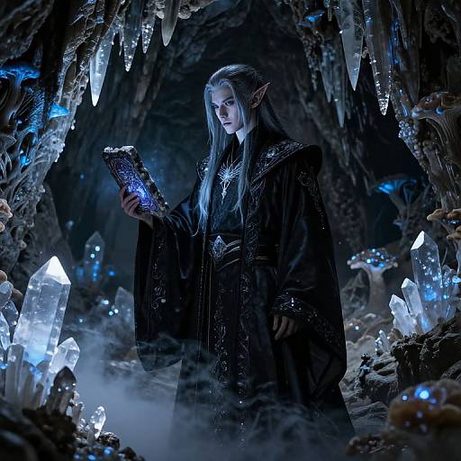 Digital artwork of a blue-eyed, silver-haired elf in a dark, ornate robe, holding a glowing, crystal book amidst icy crystals in a cavern
