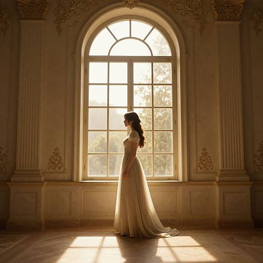 Silhouetted bride in elegant, flowing white gown stands in sunlit, ornate room with large arched window, classical decor, and soft