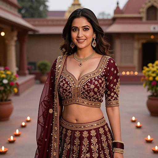 Photograph of a smiling South Asian woman in a maroon and gold traditional lehenga-choli with intricate embroidery, standing in a candlelit courtyard.