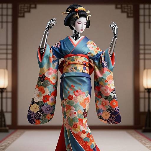 Digital artwork of an anime-style woman in a vibrant floral kimono, standing with robotic arms, in a traditional Japanese room.