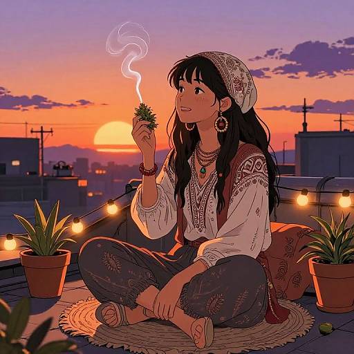 Bohemian Anime Girl on Rooftop Sunset