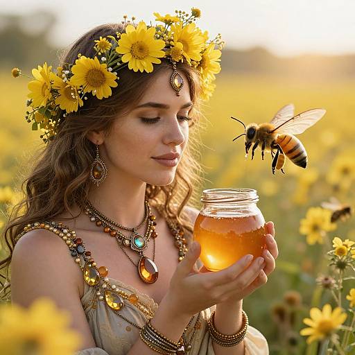 Photograph of a fair-skinned woman with a sunflower crown, wearing bohemian jewelry, holding a honey jar, as a bee hovers