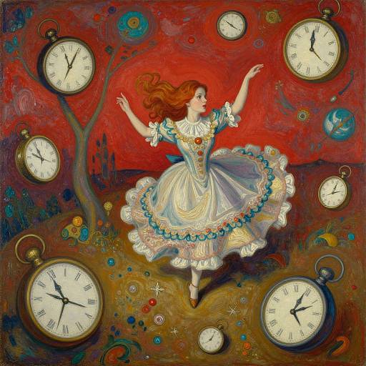 Digital painting of a red-haired girl in a white, frilled dress, floating amidst floating clocks against a vivid red, cosmic background.