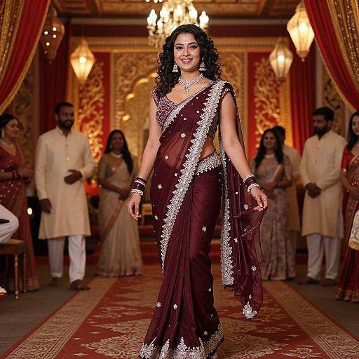 Photograph of a curly-haired Indian woman in a maroon traditional saree with silver embroidery, walking a luxurious, ornately decorated runway.
