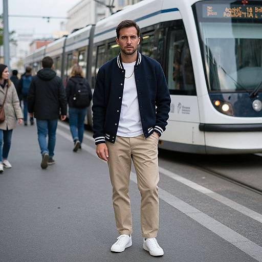 Photograph of a bearded man in a black jacket, white t-shirt, beige pants, and white sneakers, standing on a city street with a