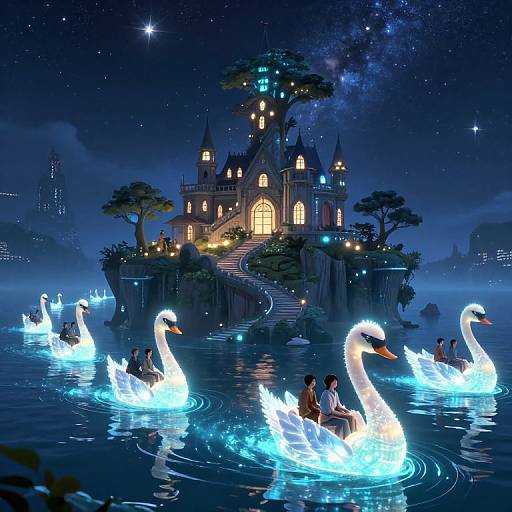 Digital fantasy illustration of a glowing, starry night scene with a magical island castle, surrounded by ethereal white swans with glowing trails, carrying people