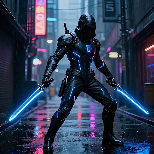 Cyberpunk warrior in black armor with glowing blue lights, holding blue lightsabers, stands in a neon-lit, rainy urban alley.