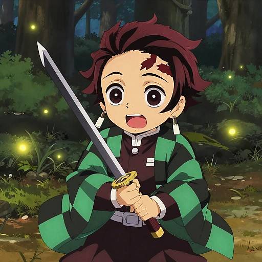 Anime-style drawing of a young boy with red hair, green and black checkered jacket, holding a sword in a forest at night with glowing fireflies