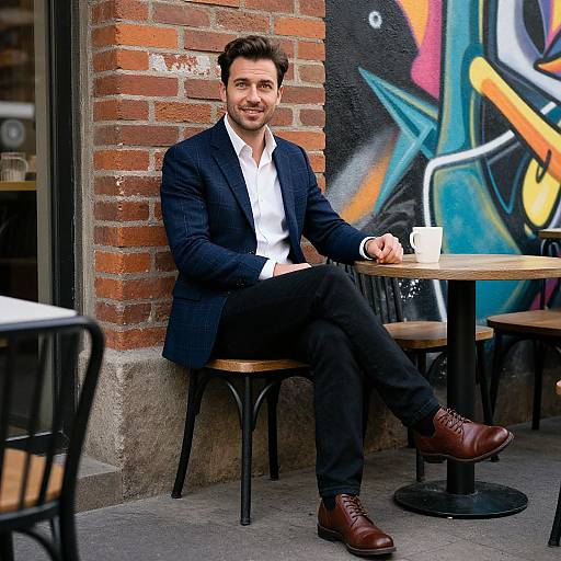 Photograph of a smiling, handsome man with short brown hair, wearing a navy blazer, white shirt, black pants, and brown shoes, seated