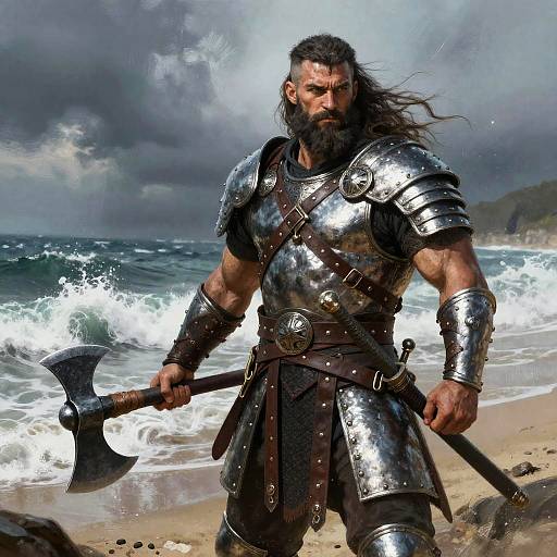 Bearded Viking warrior with long hair, wearing shiny silver armor, holding a double-headed axe, stands on a stormy beach with crashing waves. Real