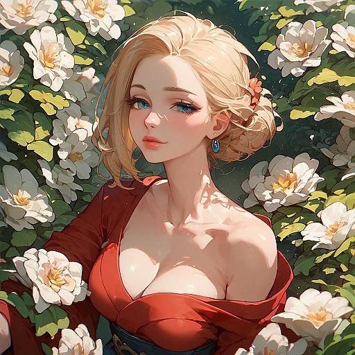 Petite Blonde Girl in Red Kimono