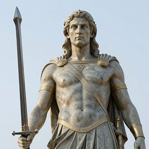 Photograph of a classical marble statue of a muscular, shirtless male warrior with wavy hair, holding a sword, wearing a draped skirt and gold