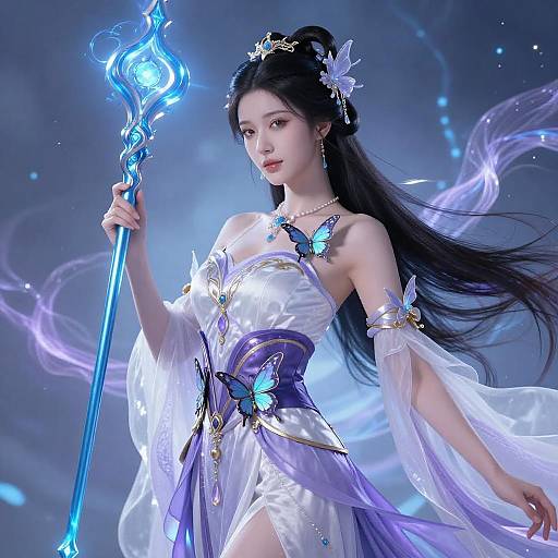 Serene Asian Woman with Glowing Staff