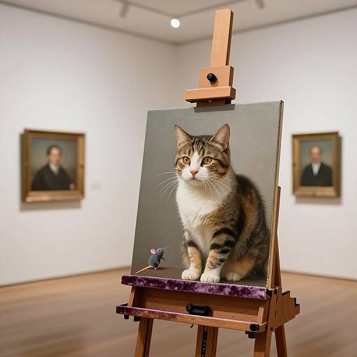 Photograph of a tabby cat painting on an easel in an art gallery, with two framed portraits on white walls.