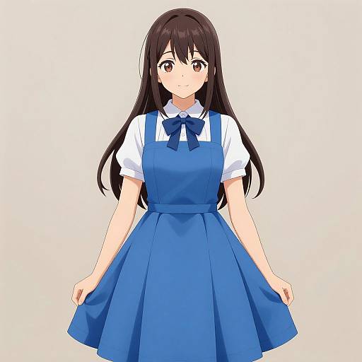 Anime-style digital drawing of a cute young girl with long black hair, wearing a blue pinafore dress over a white blouse with a blue bow,