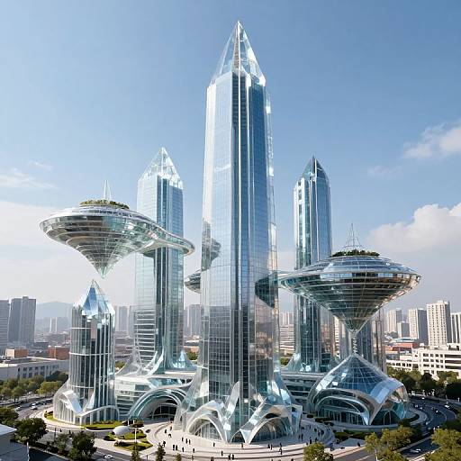 Photorealistic CGI of futuristic, glass skyscrapers with unique, spaceship-like designs, reflecting sunlight, set against a clear blue sky and urban landscape