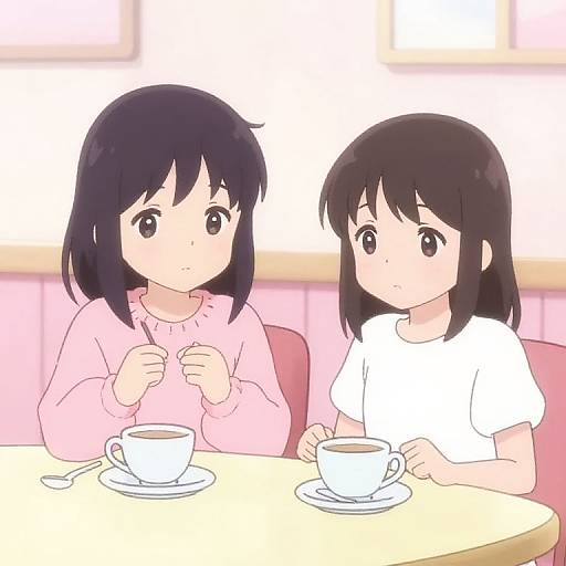 Digital anime-style illustration of two young girls with black hair, one in a pink shirt and the other in white, sitting at a café table with tea