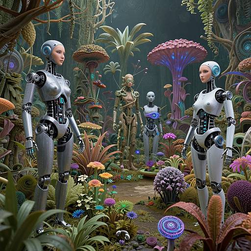 CGI fantasy scene: Four robotic humanoid figures with white and black bodies stand in a vibrant, alien garden filled with colorful, surreal flowers and mushrooms.