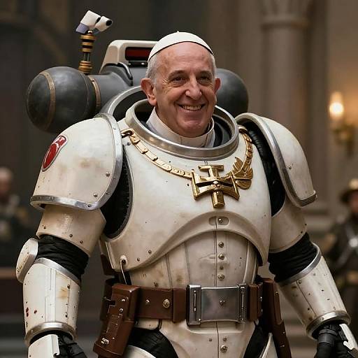 Photograph of an elderly, smiling Catholic priest in white armor with robotic backpack, cross on chest, standing outdoors, blurred background.