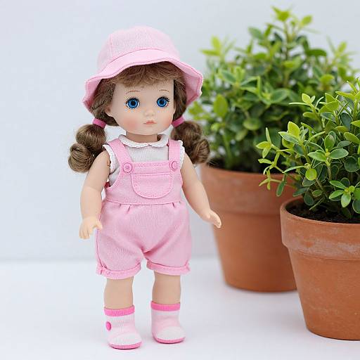 Photograph of a doll with blue eyes, brown pigtails, pink overalls, hat, and socks, standing beside two potted green plants