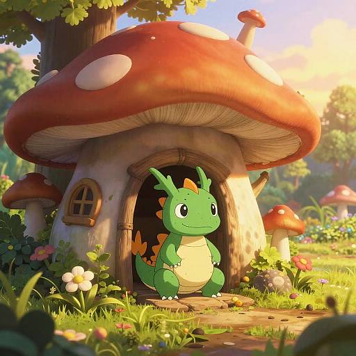 Chibi Dragon Mushroom Home Sunset