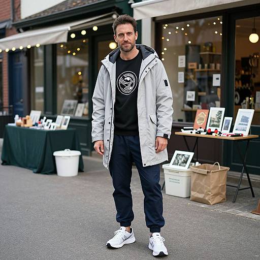 Photograph of a bearded man with short dark hair, wearing a white and black jacket, black shirt, black pants, and white sneakers, standing