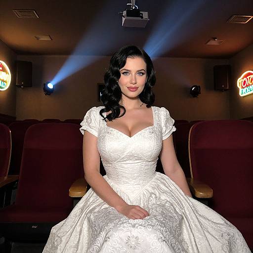 Photograph of a fair-skinned woman with curly black hair in a white, lace, V-neck, ball-gown wedding dress, sitting in a