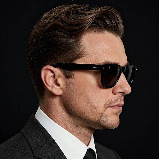 Photograph of a handsome man with styled brown hair, wearing black Ray-Ban sunglasses, white shirt, black tie, and suit, against a black