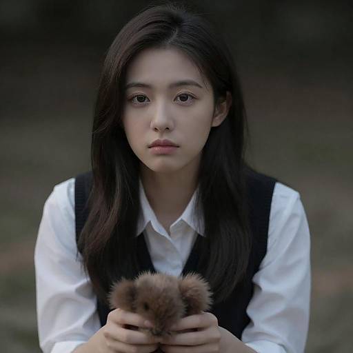 Young Woman Holding Furry Object