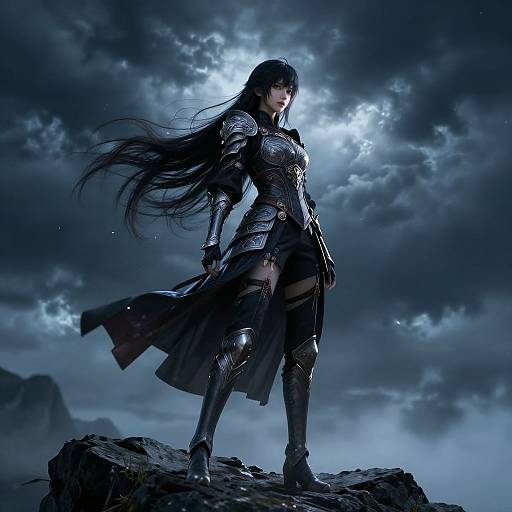 Digital artwork of a fierce, armored female warrior with long black hair, standing on a rocky outcrop under a stormy, moonlit sky. Her