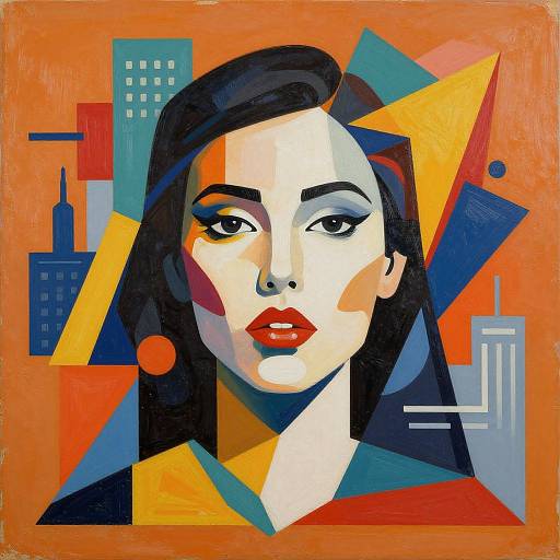 Bold, geometric, abstract painting of a woman with red lips, black hair, and white face, set against an orange, cityscape background.