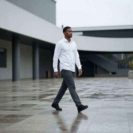 Photograph of a confident Black man in a white dress shirt, gray pants, and black shoes, walking in a modern, rainy courtyard.