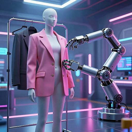 Photorealistic CGI of a white mannequin in pink blazer, standing next to a robotic arm displaying a black suit, in a futuristic,